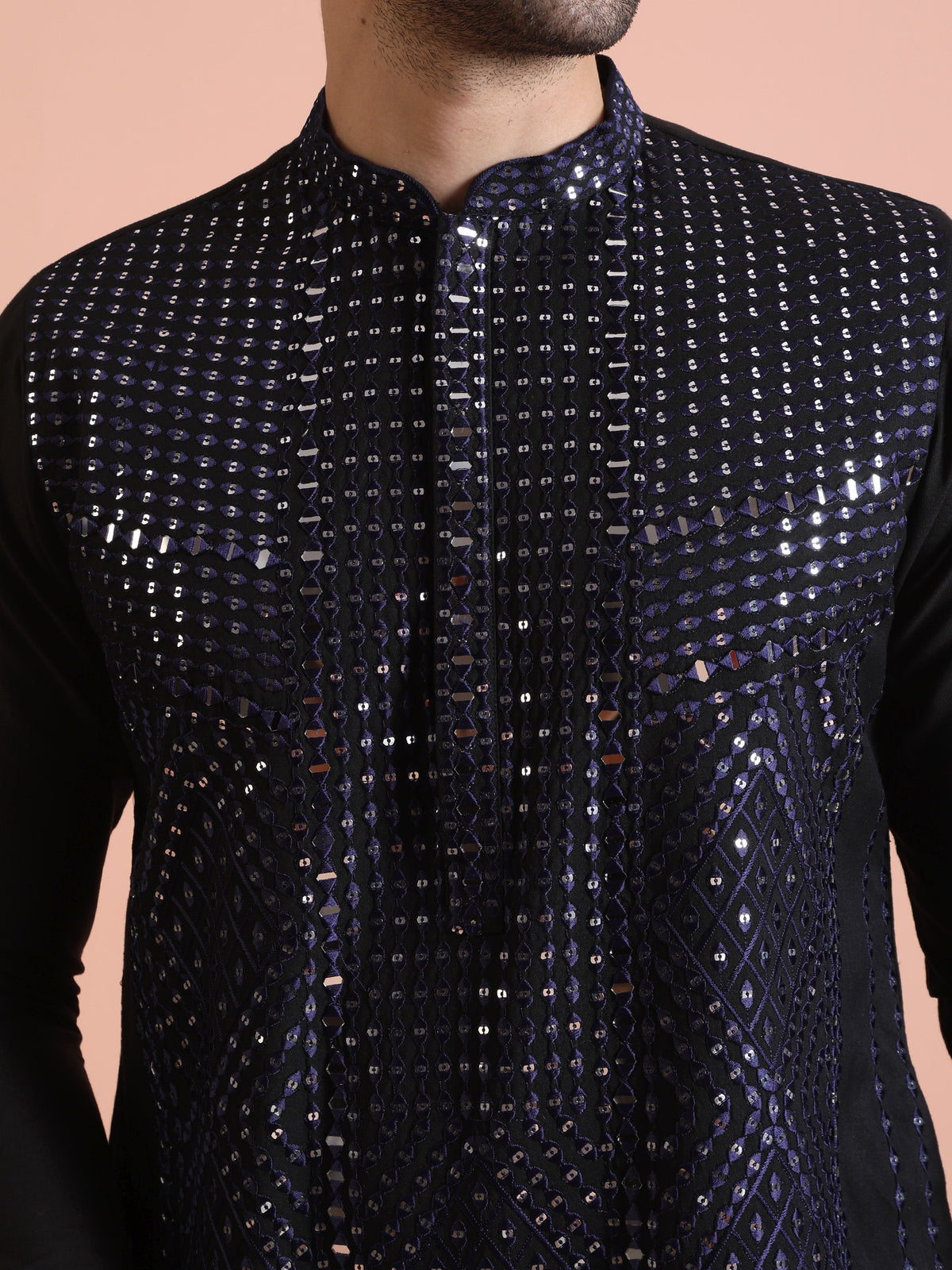 Navy Blue Poly Silk Embellished Kurta