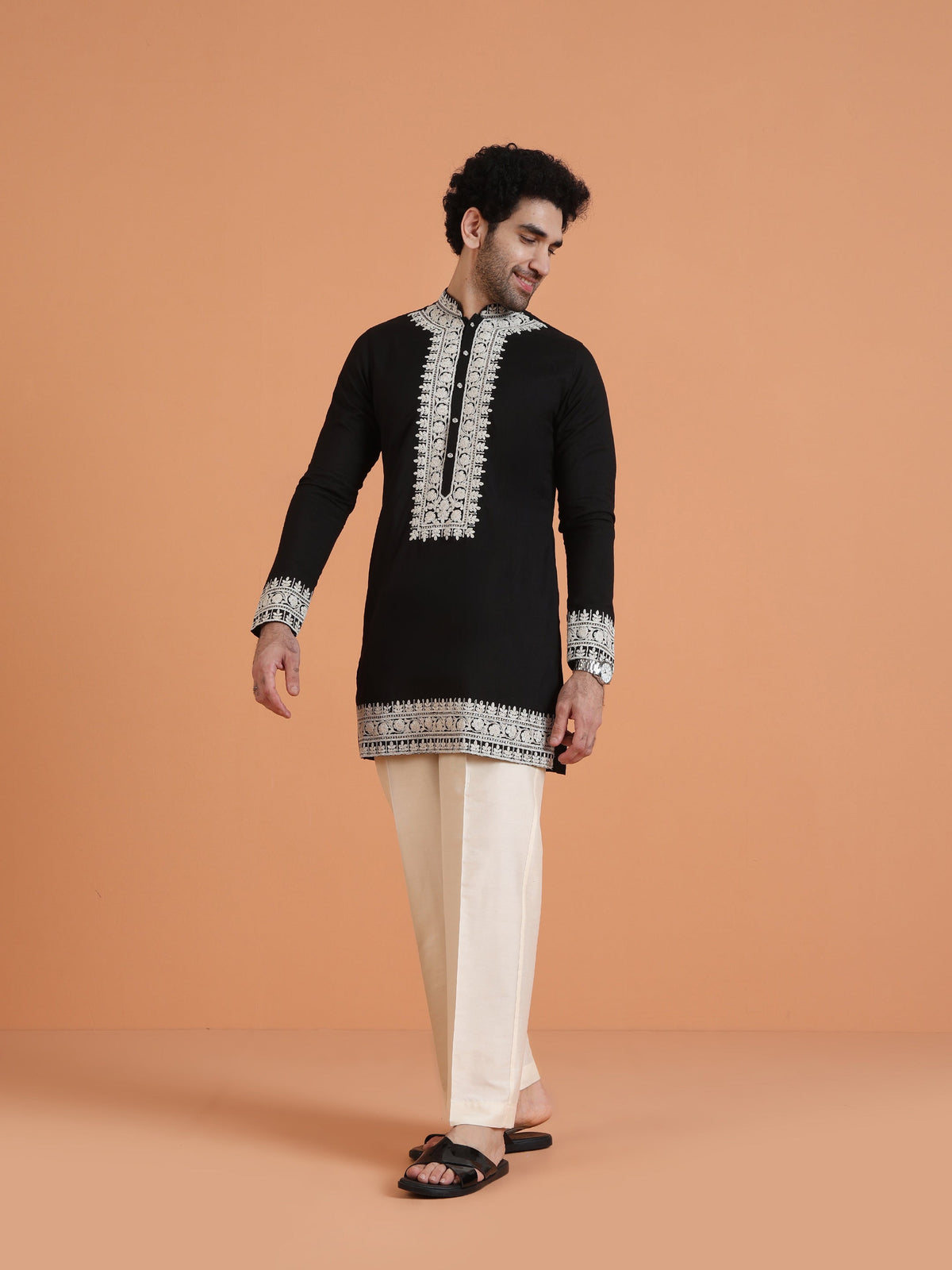 Black Cotton Silk Embroidered Mid Kurta