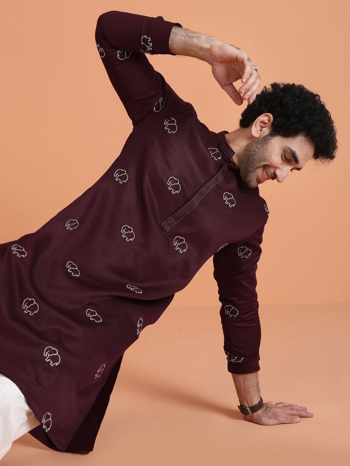 Maroon Cotton Silk Embroidered Kurta