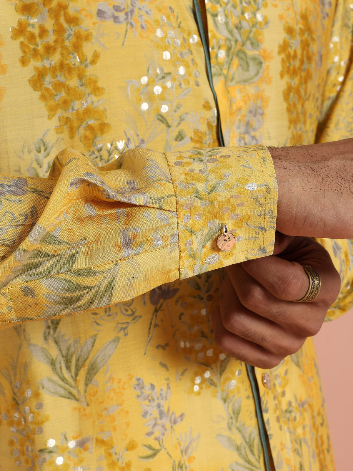 Yellow Floral Sequinned Mid Kurta