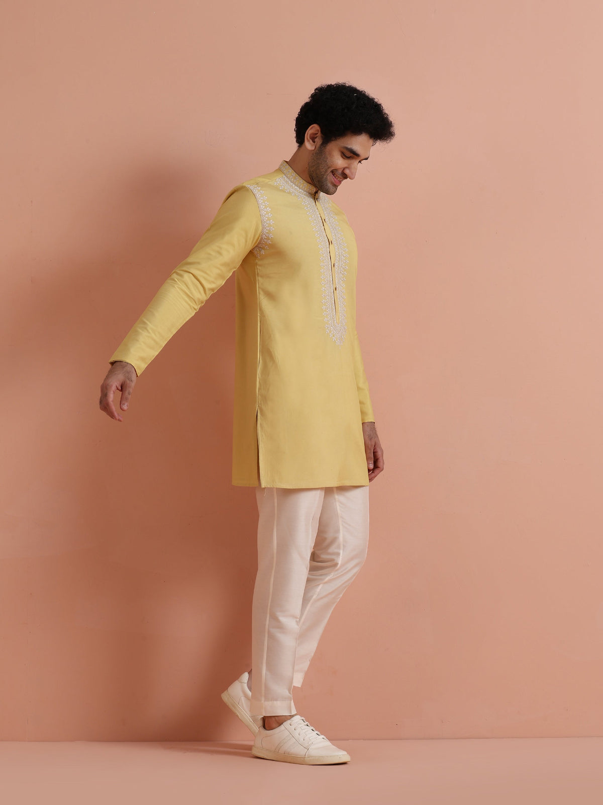 Yellow Poly Silk Embroidered Kurta
