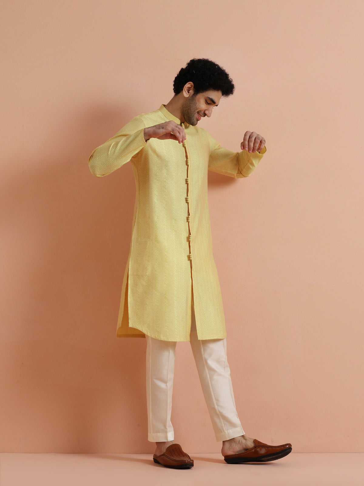 Yellow Jacquard Woven Kurta