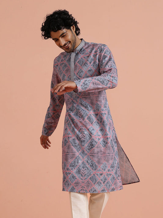 Grey & Pink Geometric Printed Kurta