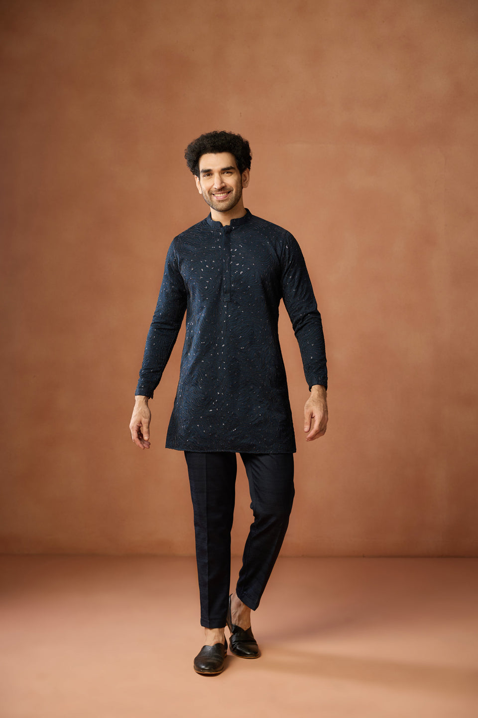 Navy Blue Silk Blend Embroidered Mid Kurta