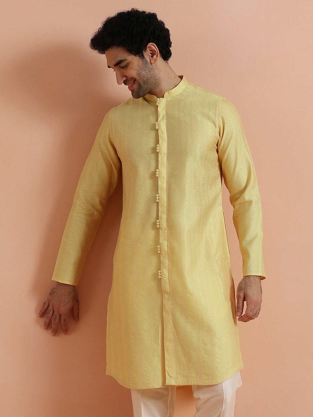 Yellow Jacquard Woven Kurta