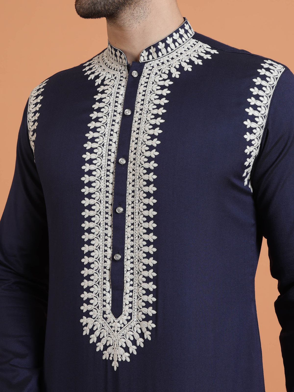 Navy Blue Cotton Silk Embroidered Mid Kurta
