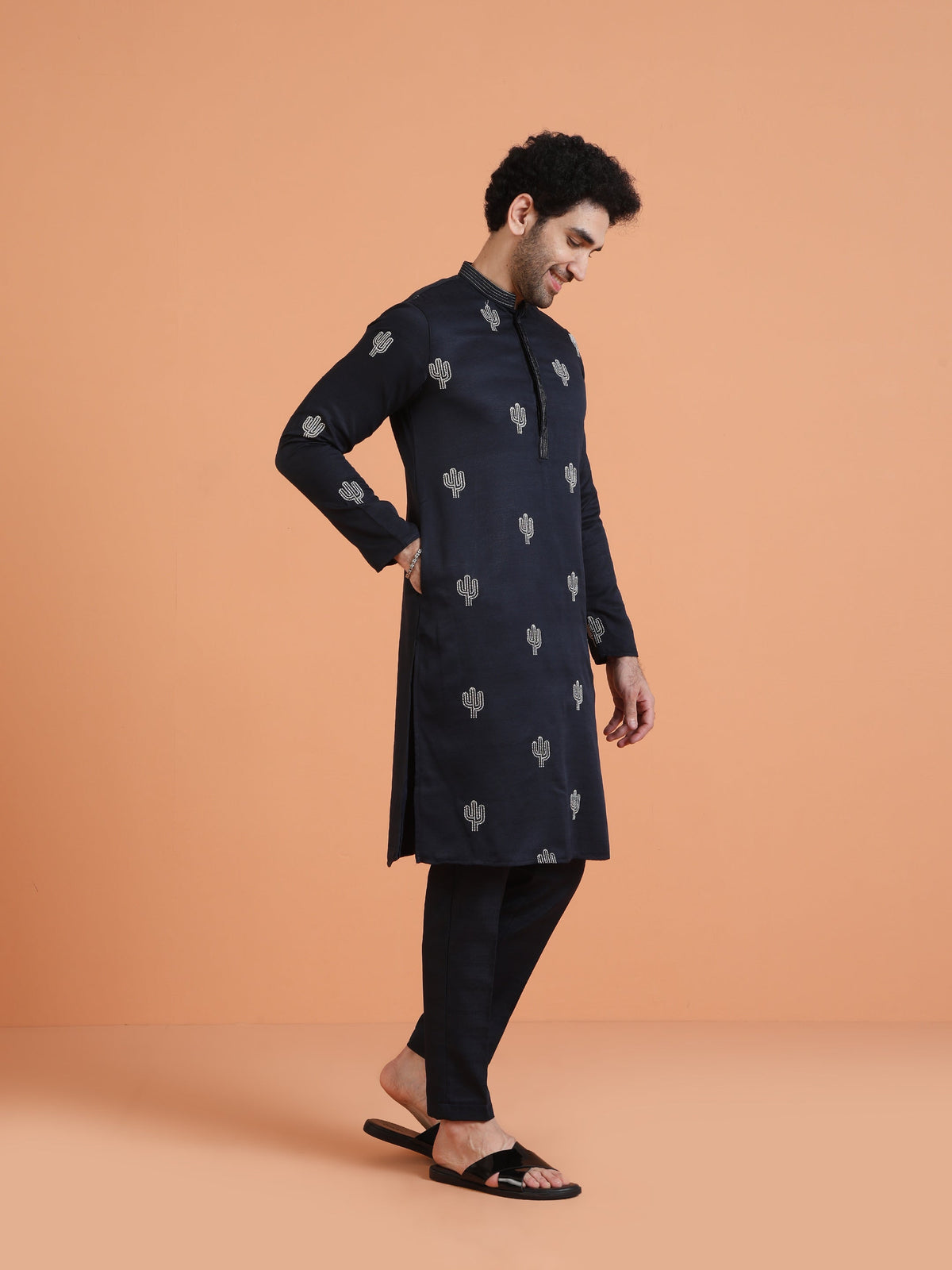 Navy Blue Cotton Silk Embroidered Kurta