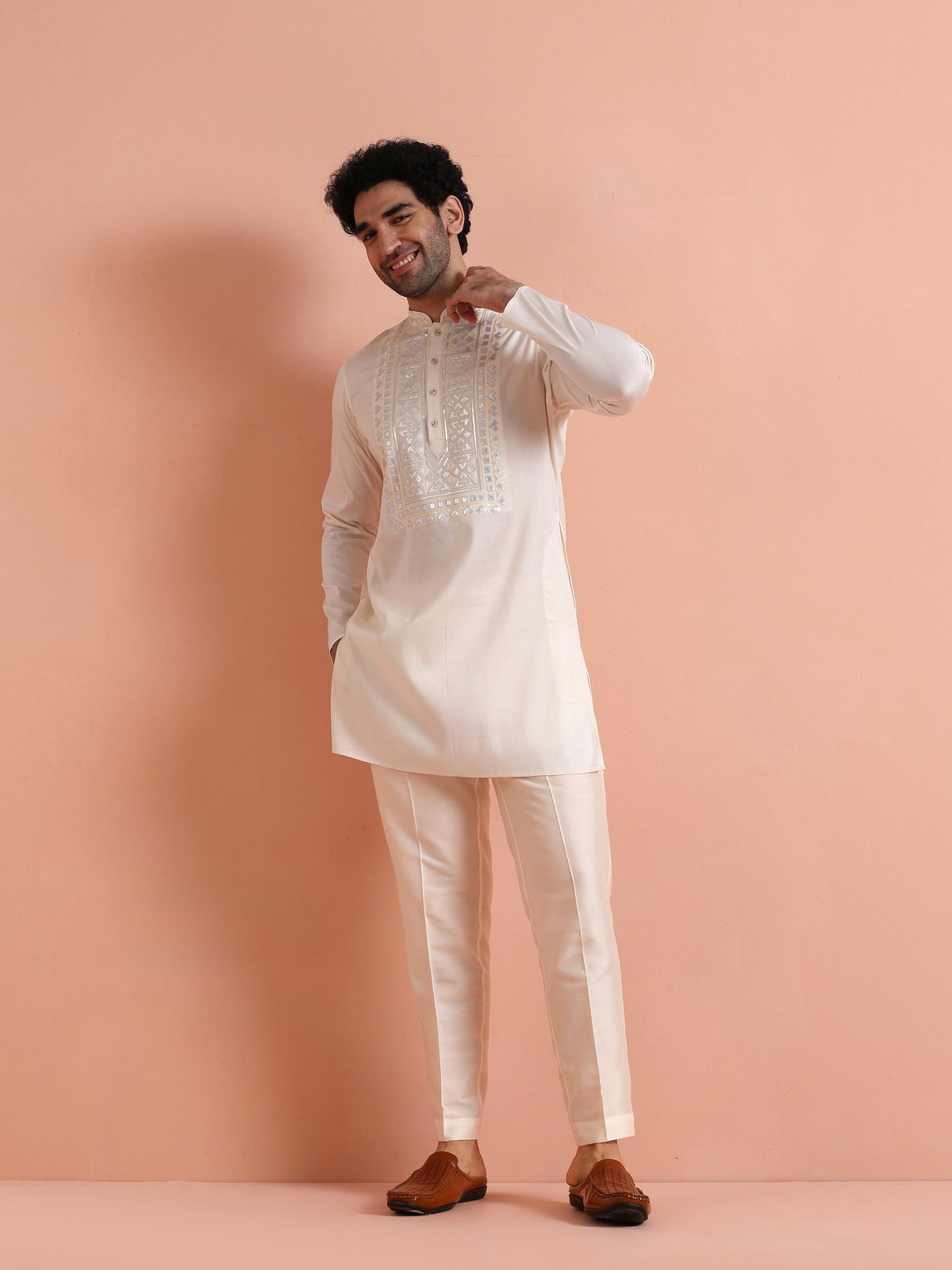Cream Cotton Silk Embroidered Mid Kurta