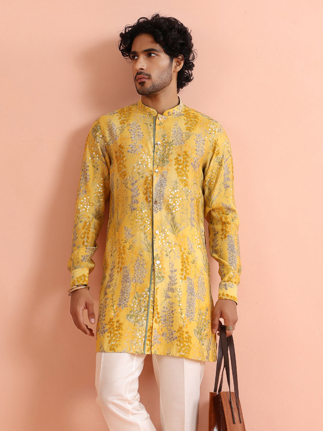 Yellow Floral Sequinned Mid Kurta
