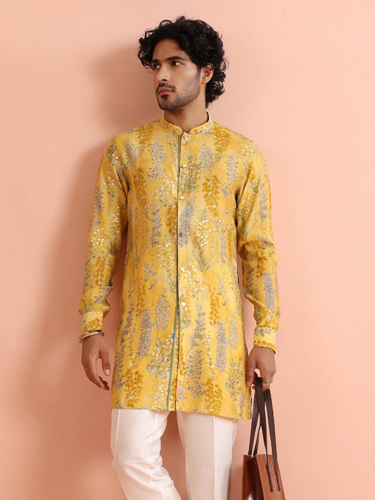 Yellow Floral Sequinned Mid Kurta