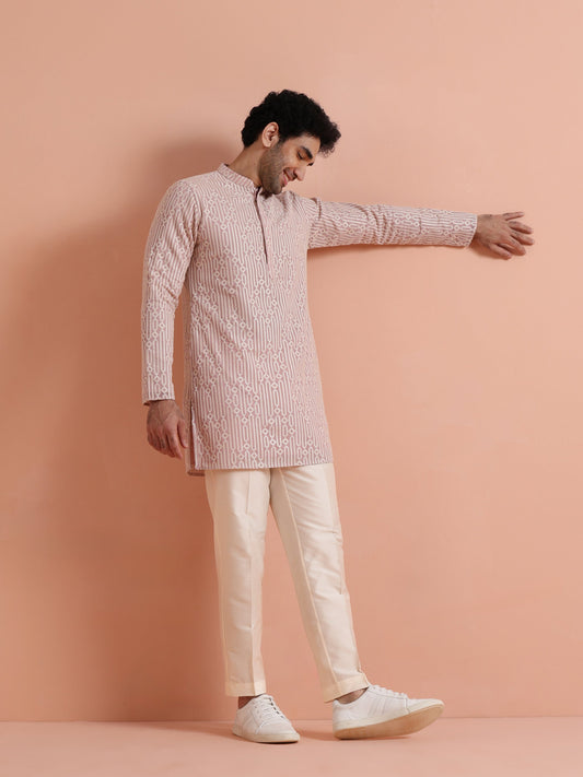 Pink Georgette Embroidered Mid Kurta