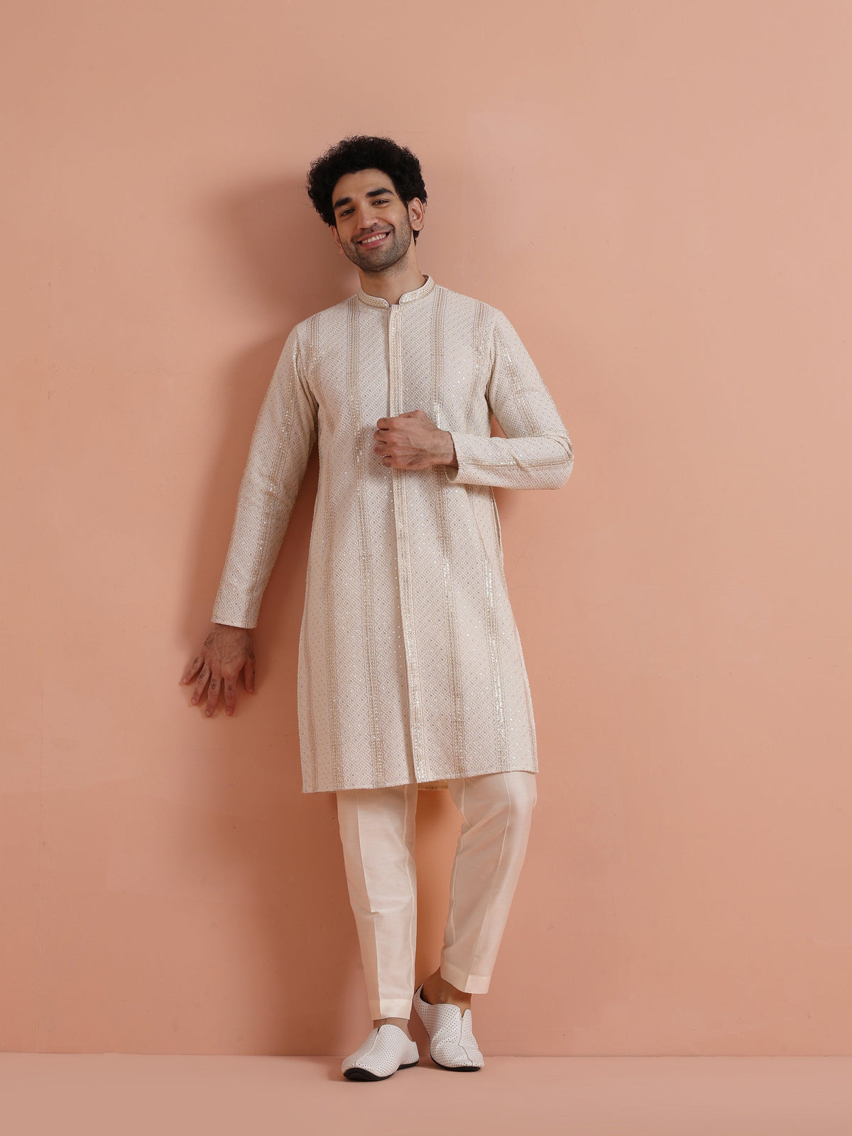 Cream Georgette Sequin Long Kurta