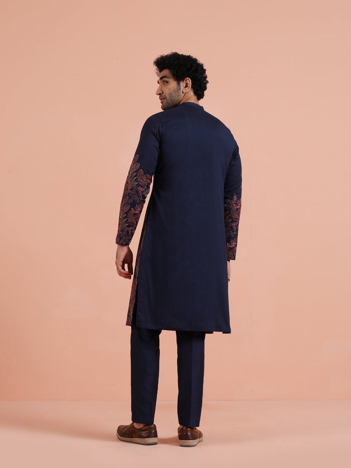 Navy Kurta with Red Embroidery