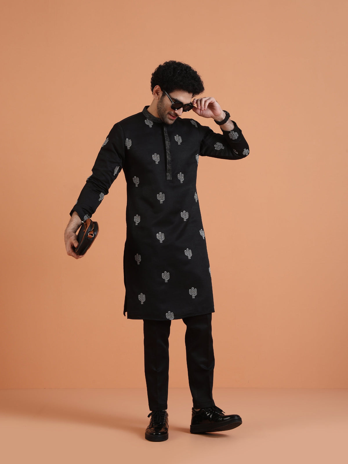 Black Cotton Silk Embroidered Kurta