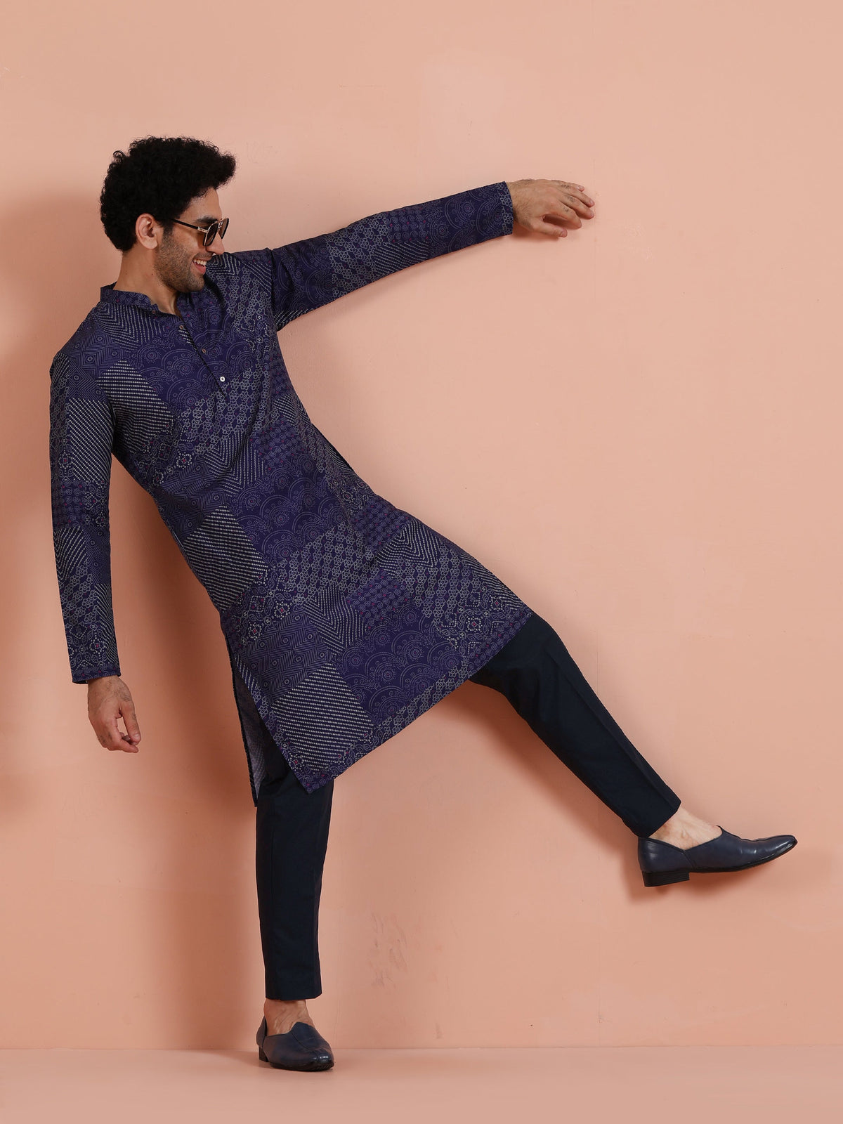 Navy Blue Art Silk Printed Long Kurta