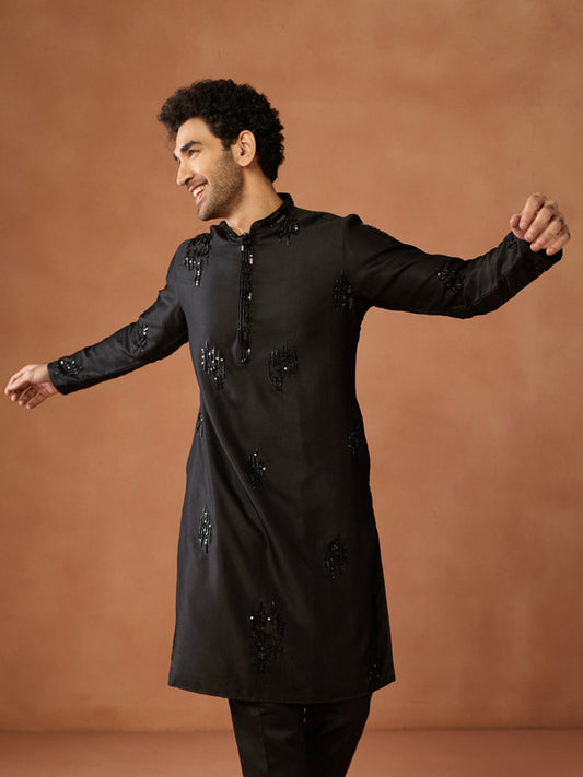 Black Silk Blend Beaded Long Kurta