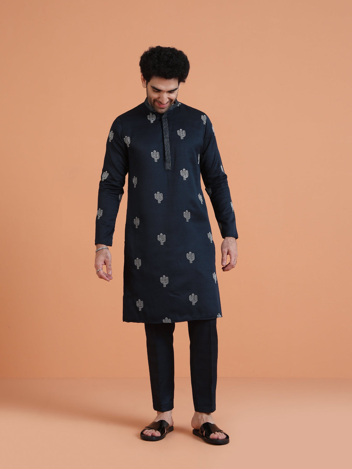 Navy Blue Cotton Silk Embroidered Kurta