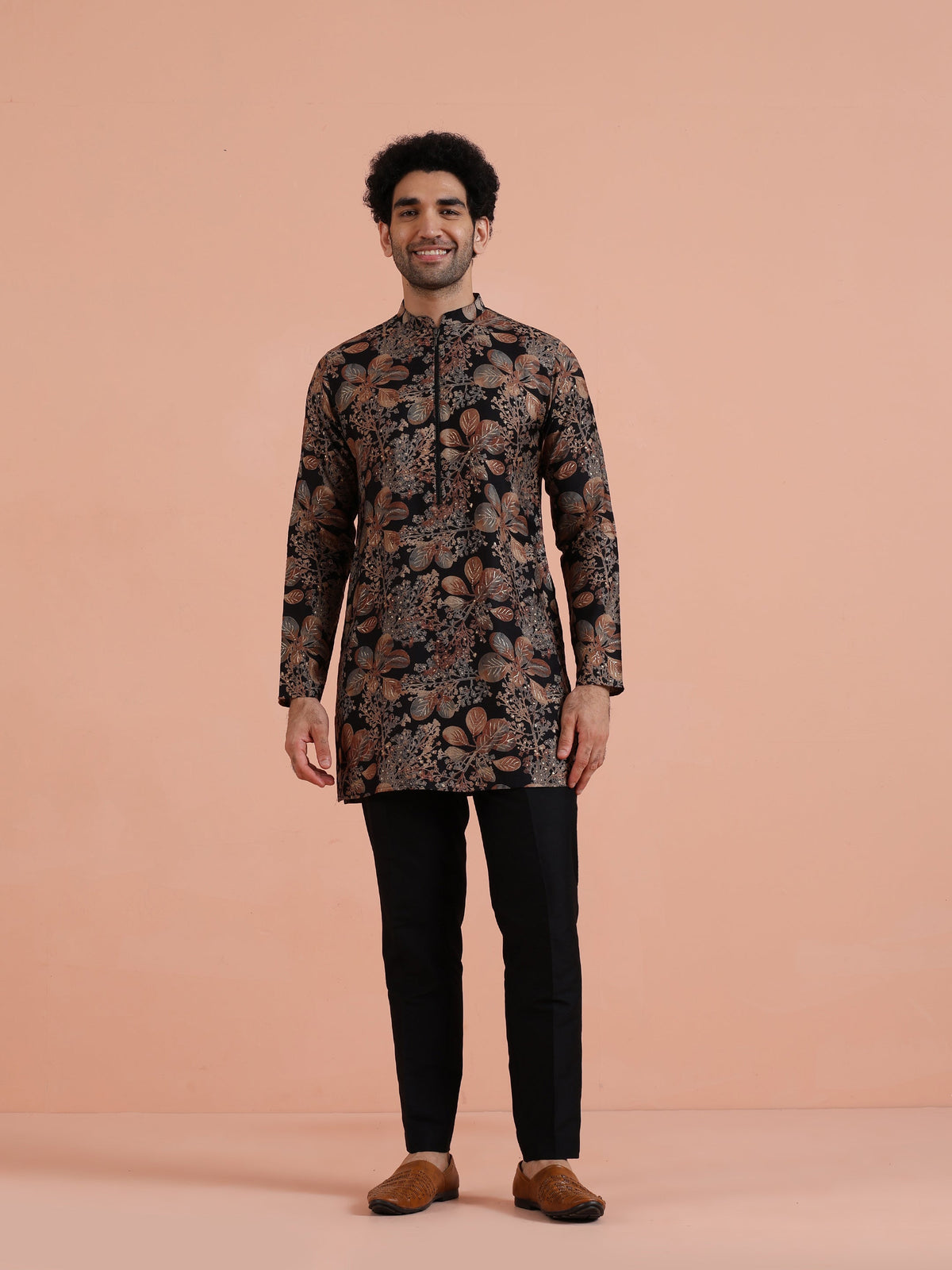 Black Kurta with Golden Floral Print