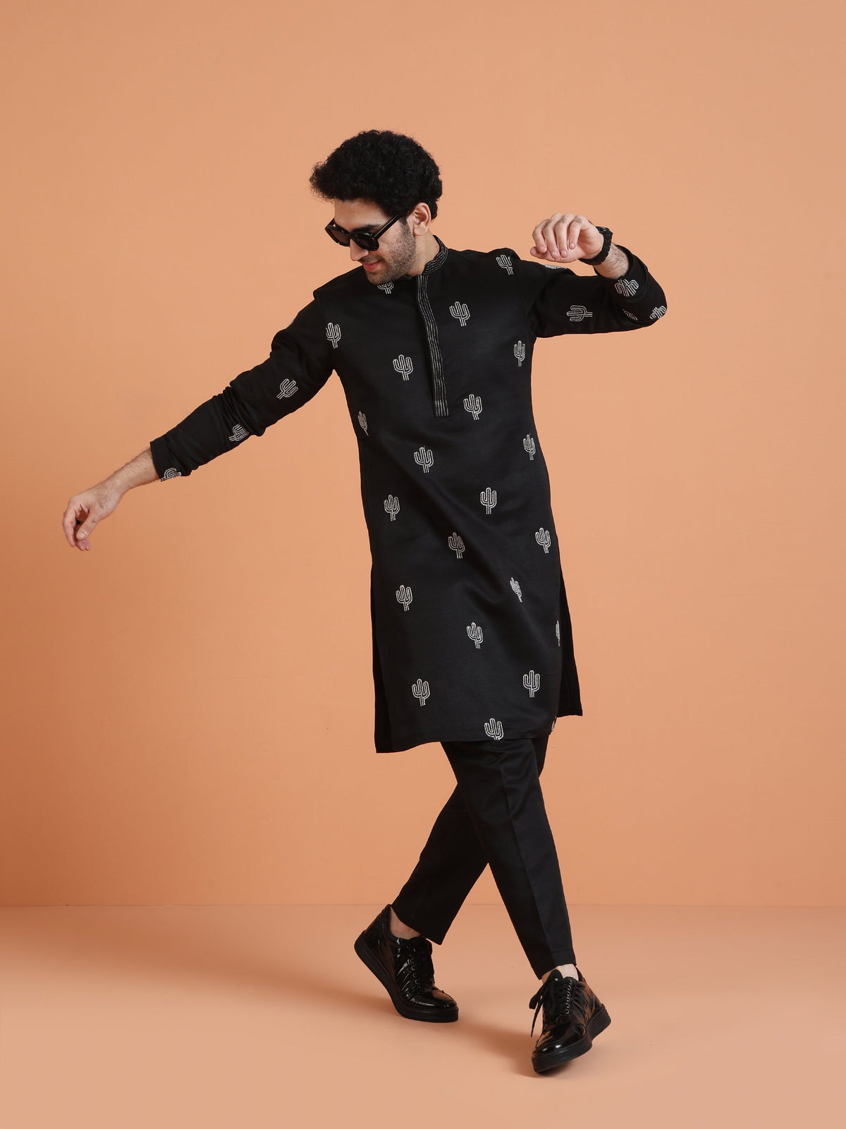 Black Cotton Silk Embroidered Kurta
