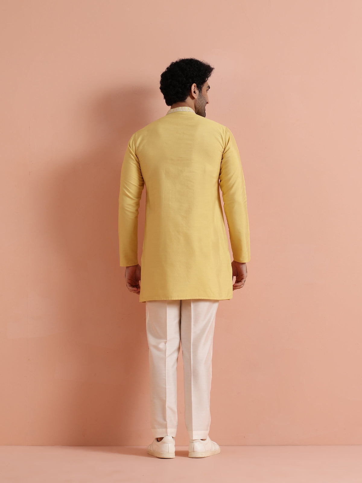 Yellow Poly Silk Embroidered Kurta