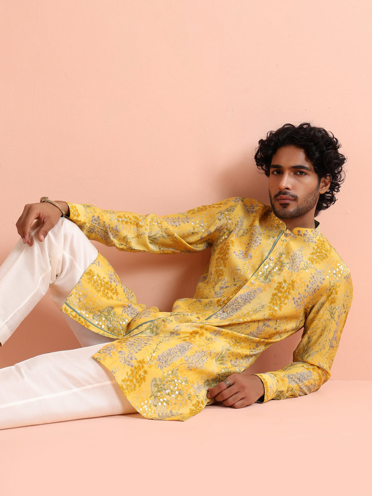 Yellow Floral Sequinned Mid Kurta