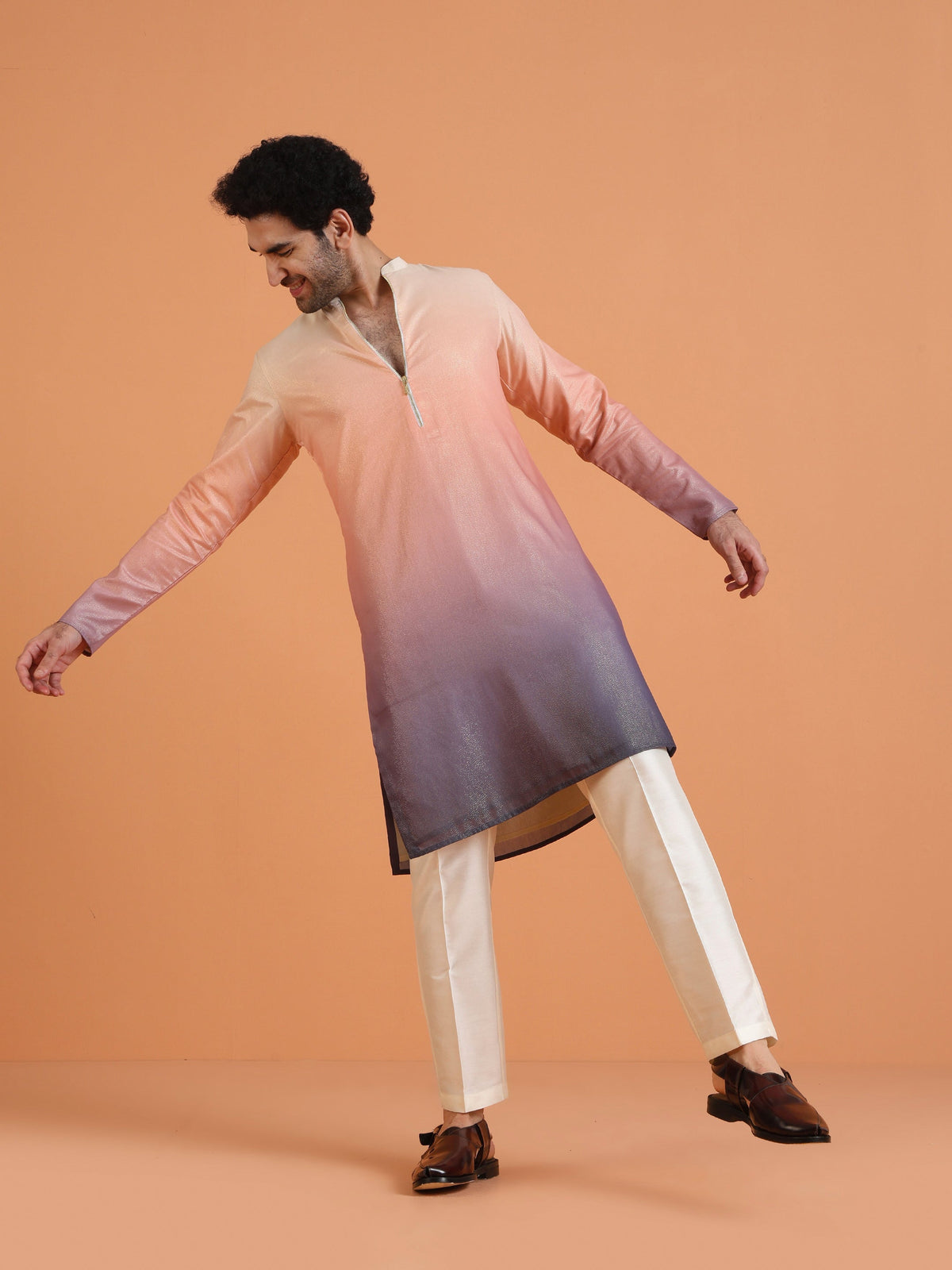 Peach Ombre Cotton Silk Zipped Kurta