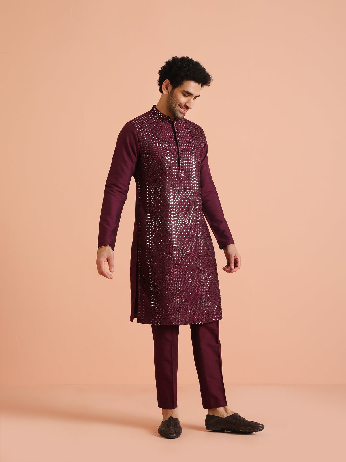 Wine Poly Silk Embellished Kurta