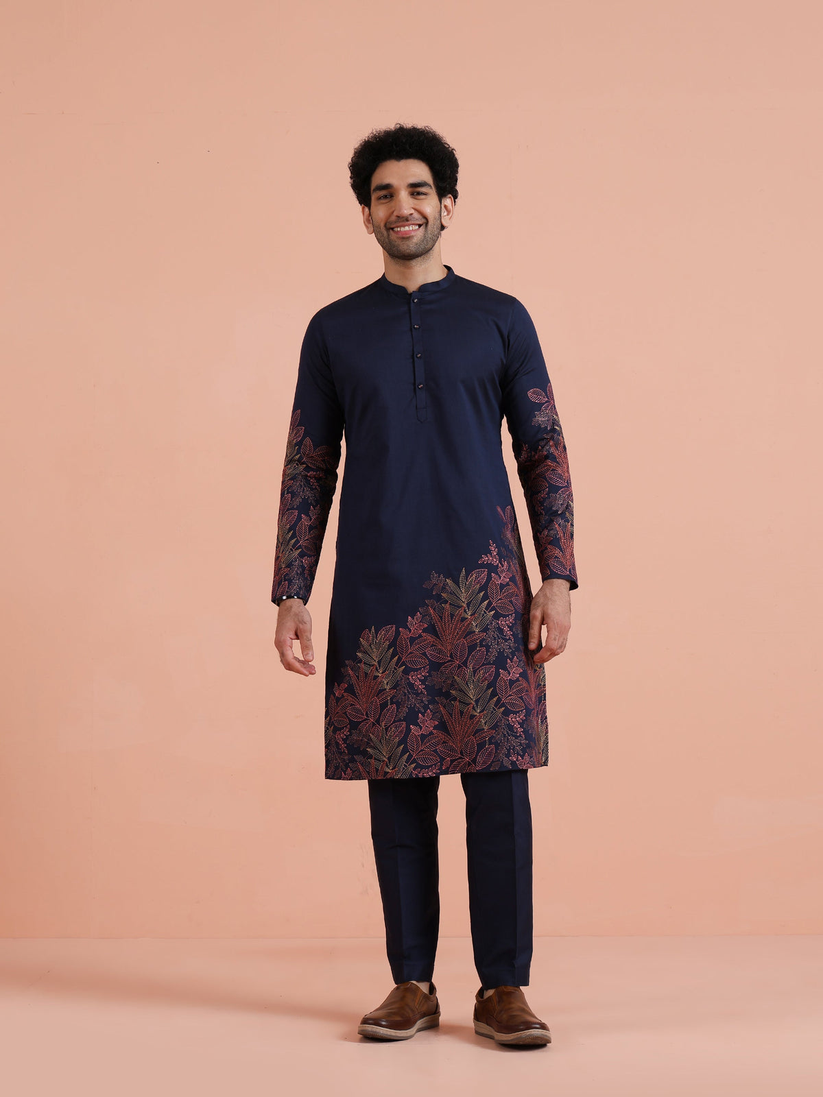 Navy Kurta with Red Embroidery