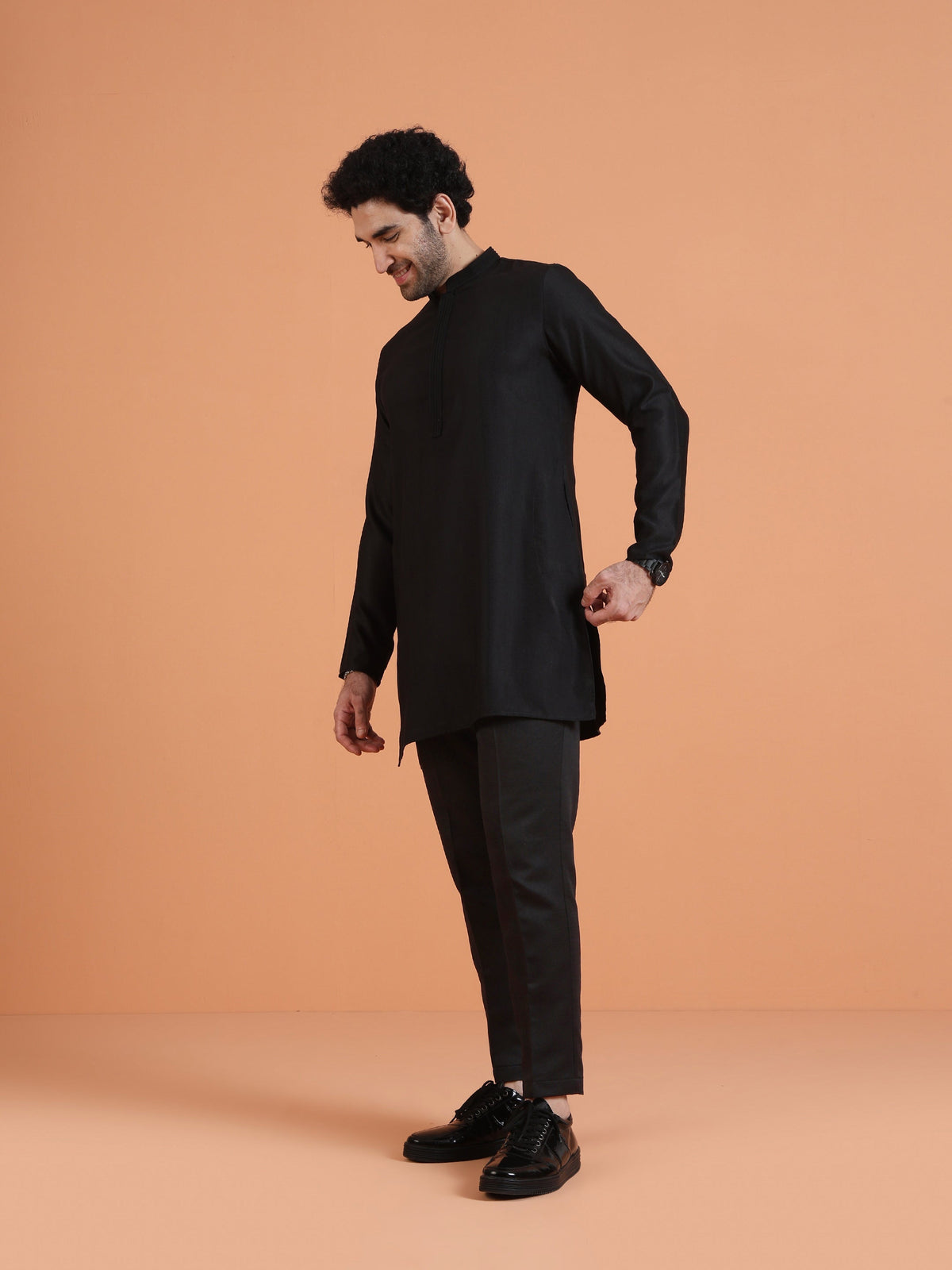 Black Silk Blend Solid Mid Kurta