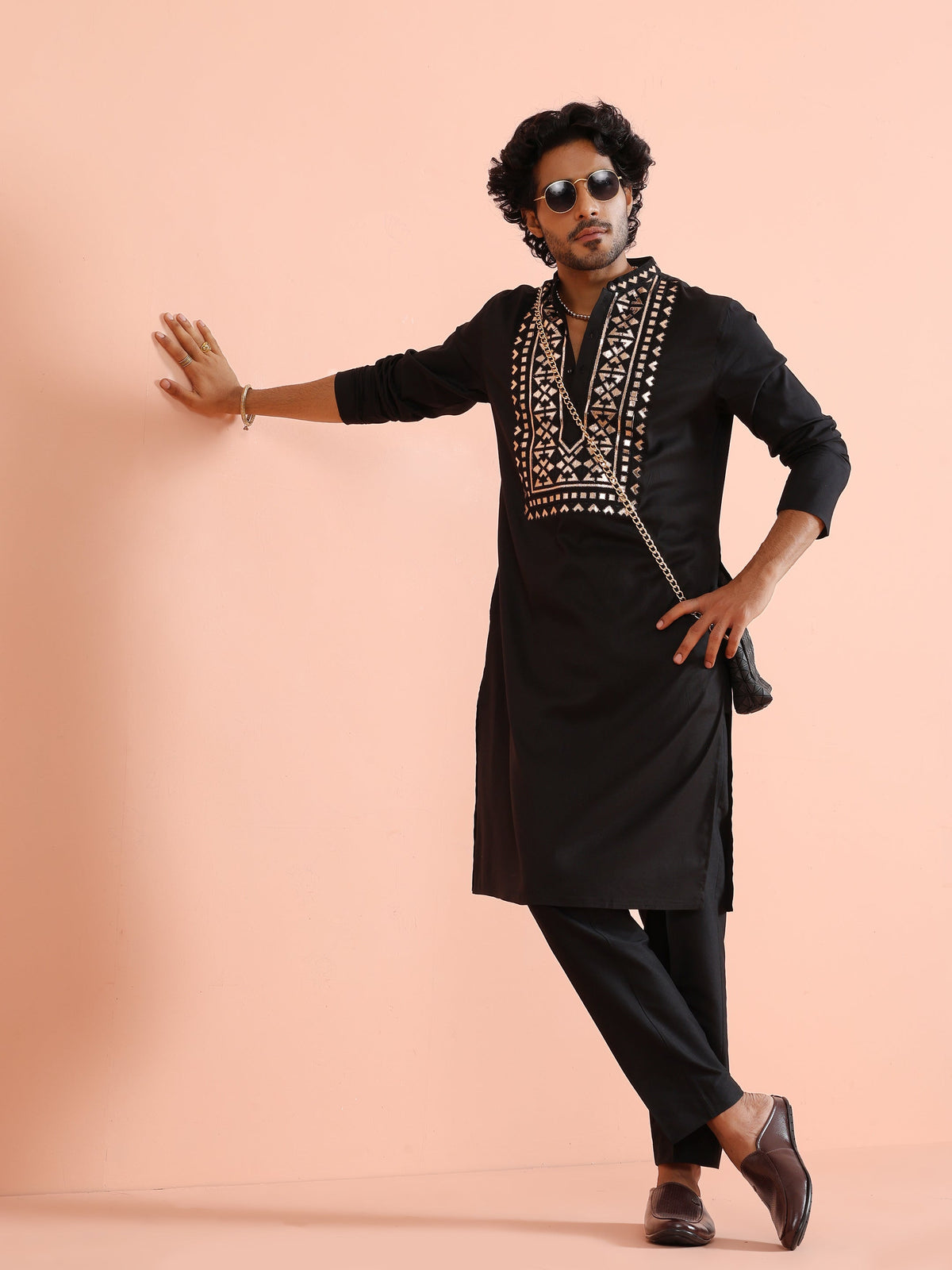 Black Metallic Embroidered Silk Kurta
