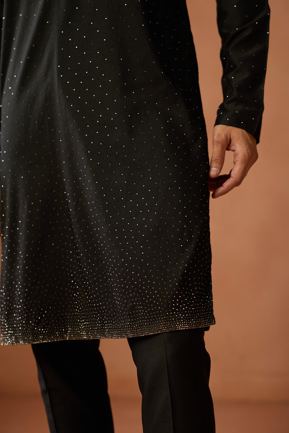 Black Silk Blend Embellished Long Kurta