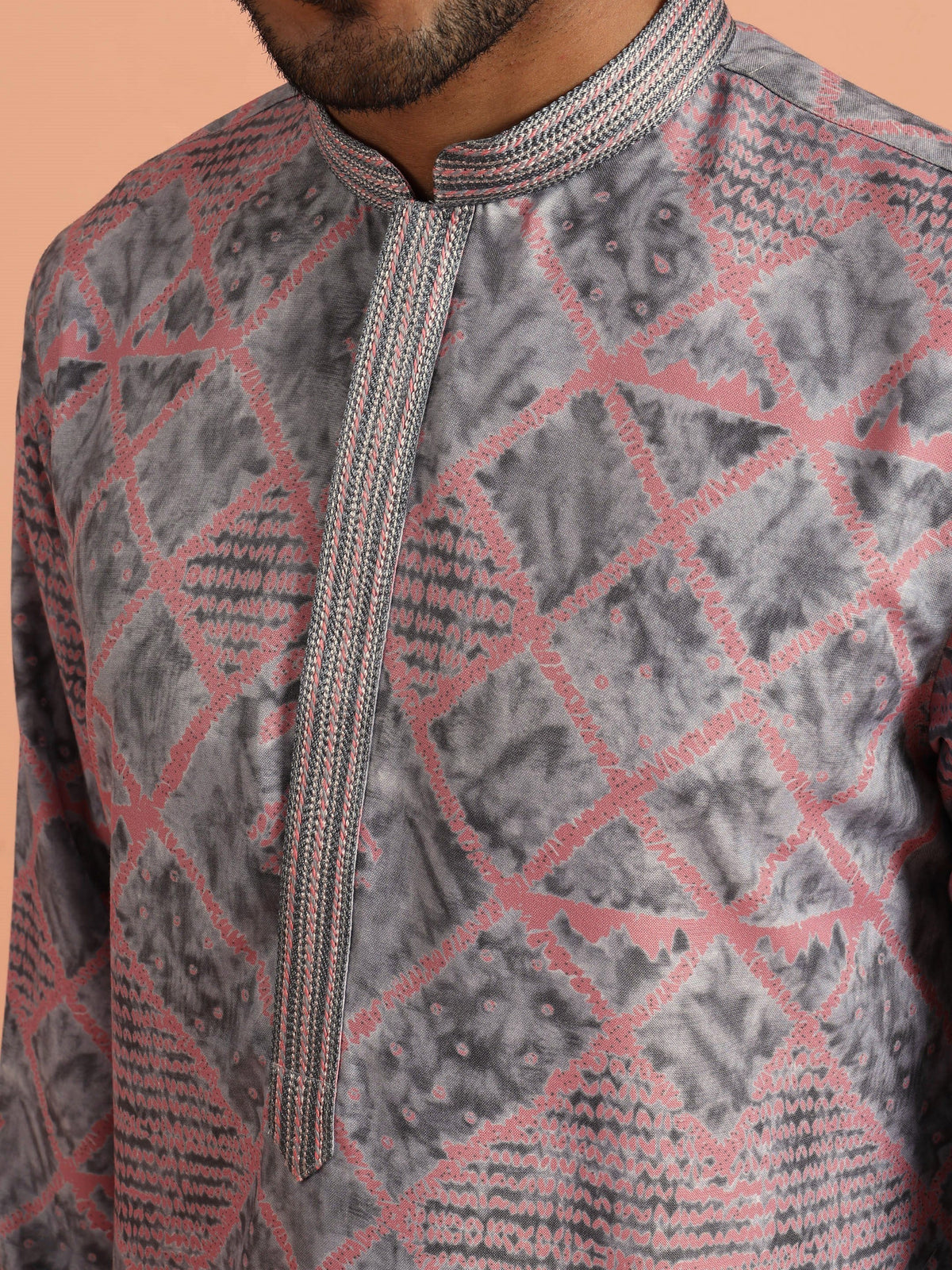 Grey & Pink Geometric Printed Kurta