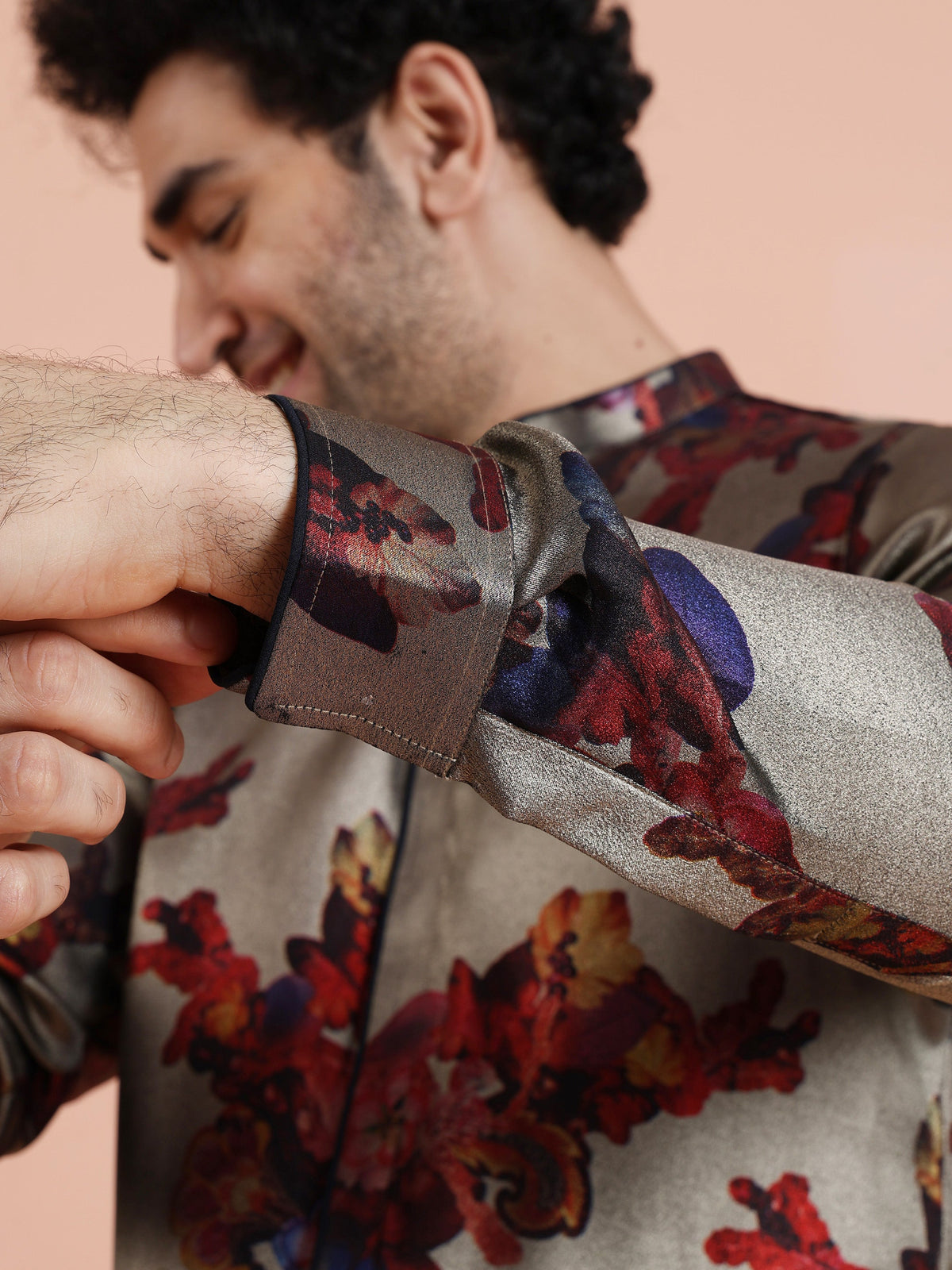 Grey Red Floral Printed Mid Kurta