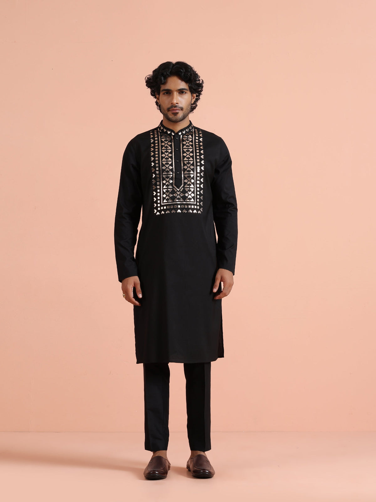 Black Metallic Embroidered Silk Kurta
