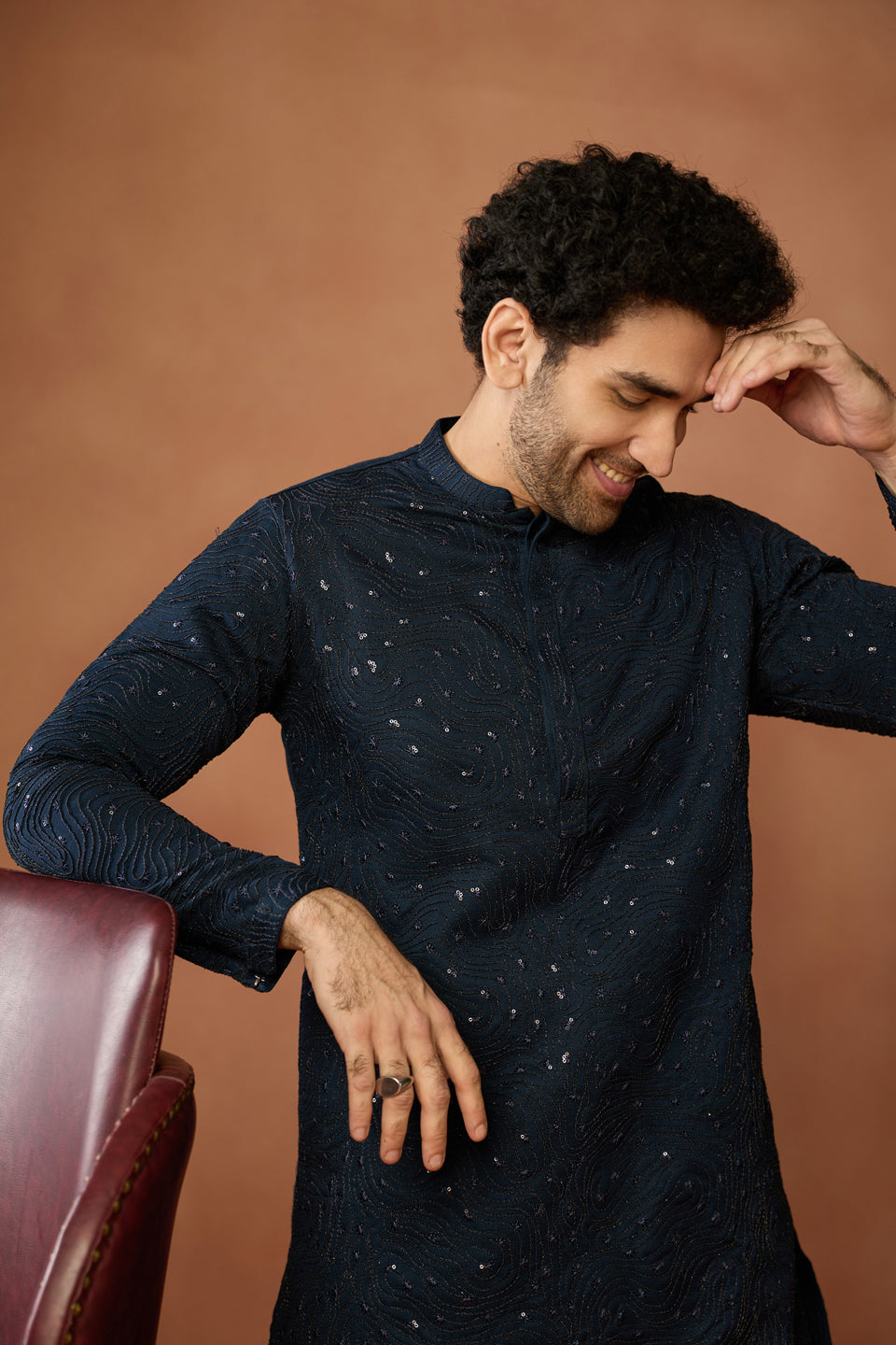 Navy Blue Silk Blend Embroidered Mid Kurta