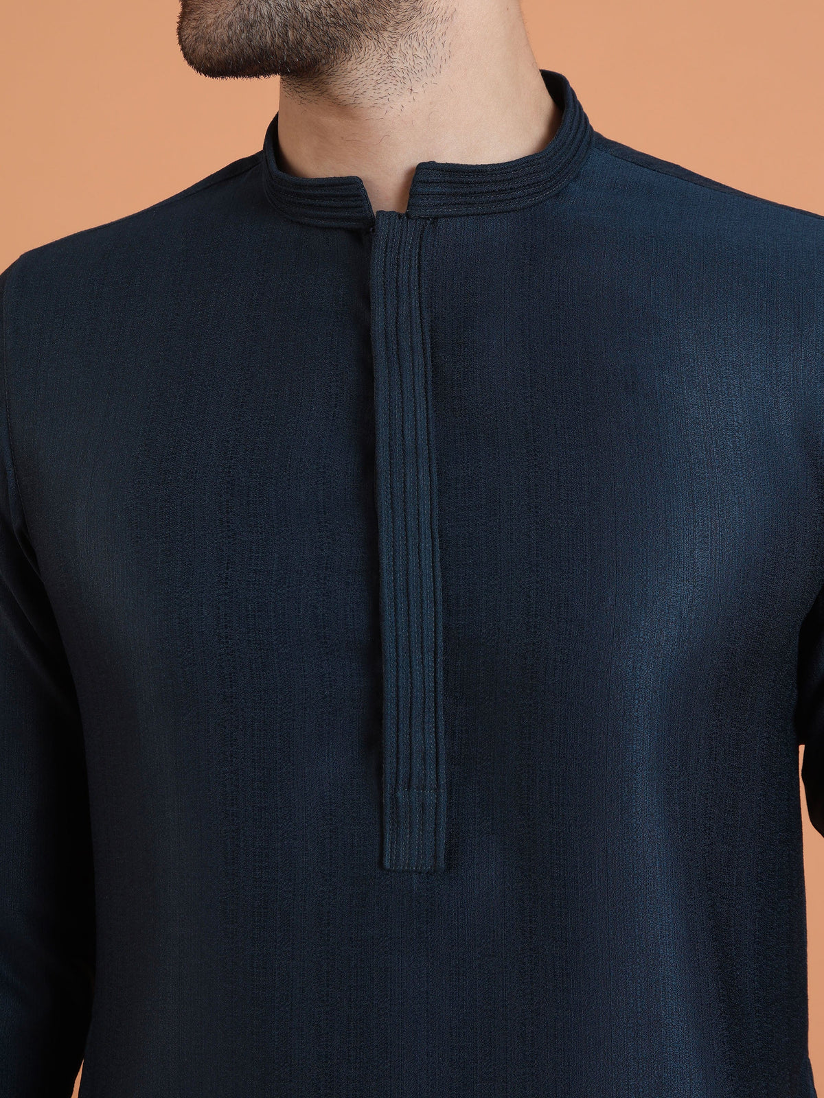 Navy Blue Silk Blend Solid Mid Kurta