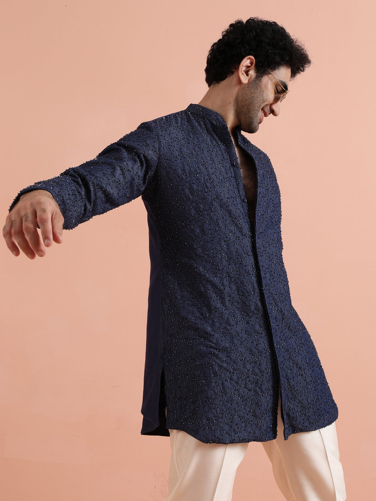 Navy Mid Kurta with Sequin Detailing