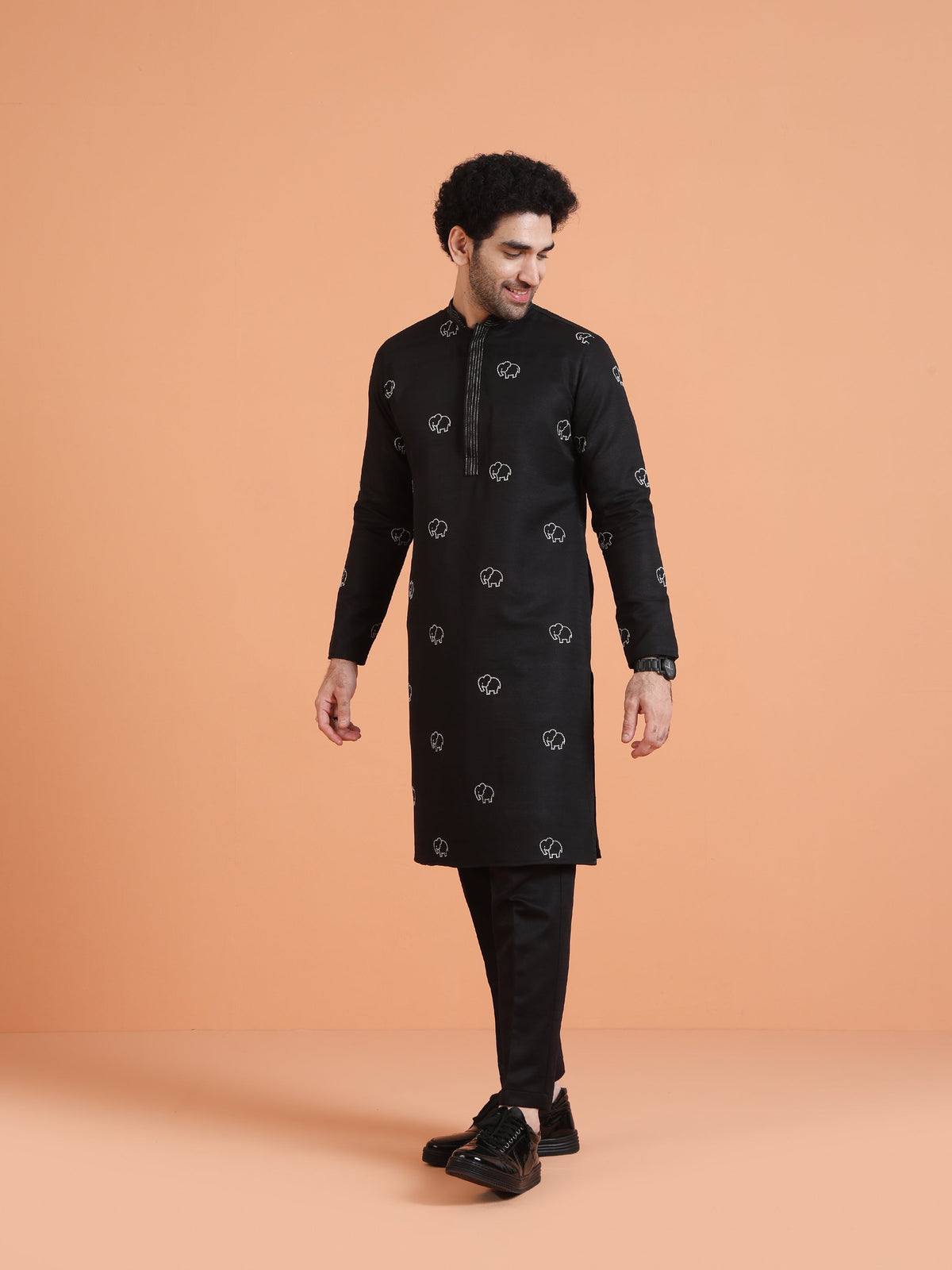 Black Cotton Silk Embroidered Kurta