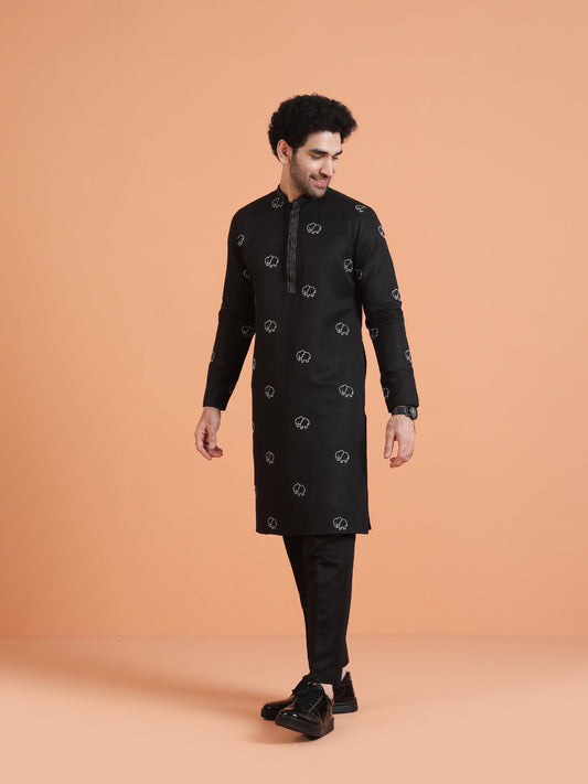 Black Cotton Silk Embroidered Kurta