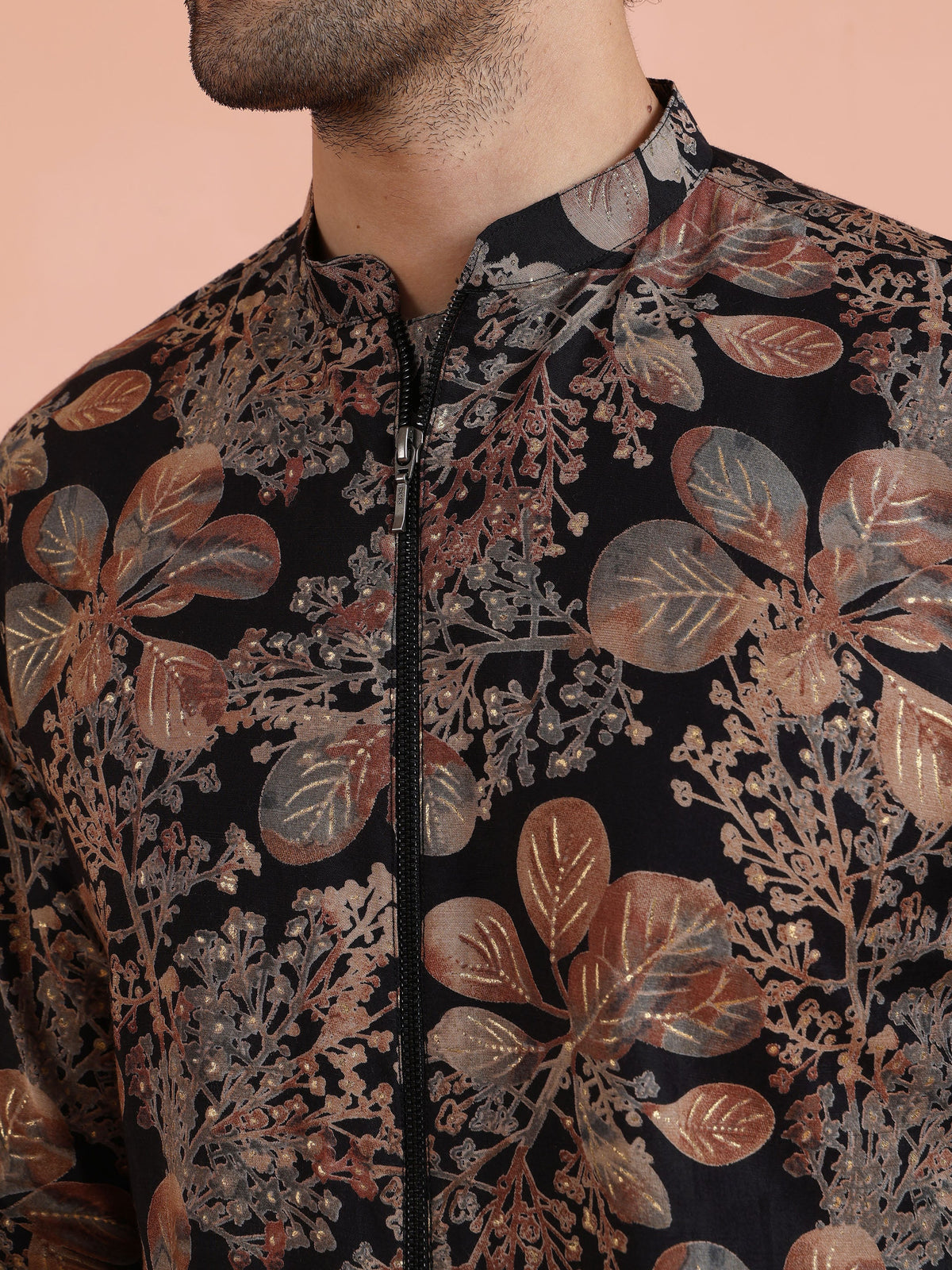 Black Kurta with Golden Floral Print