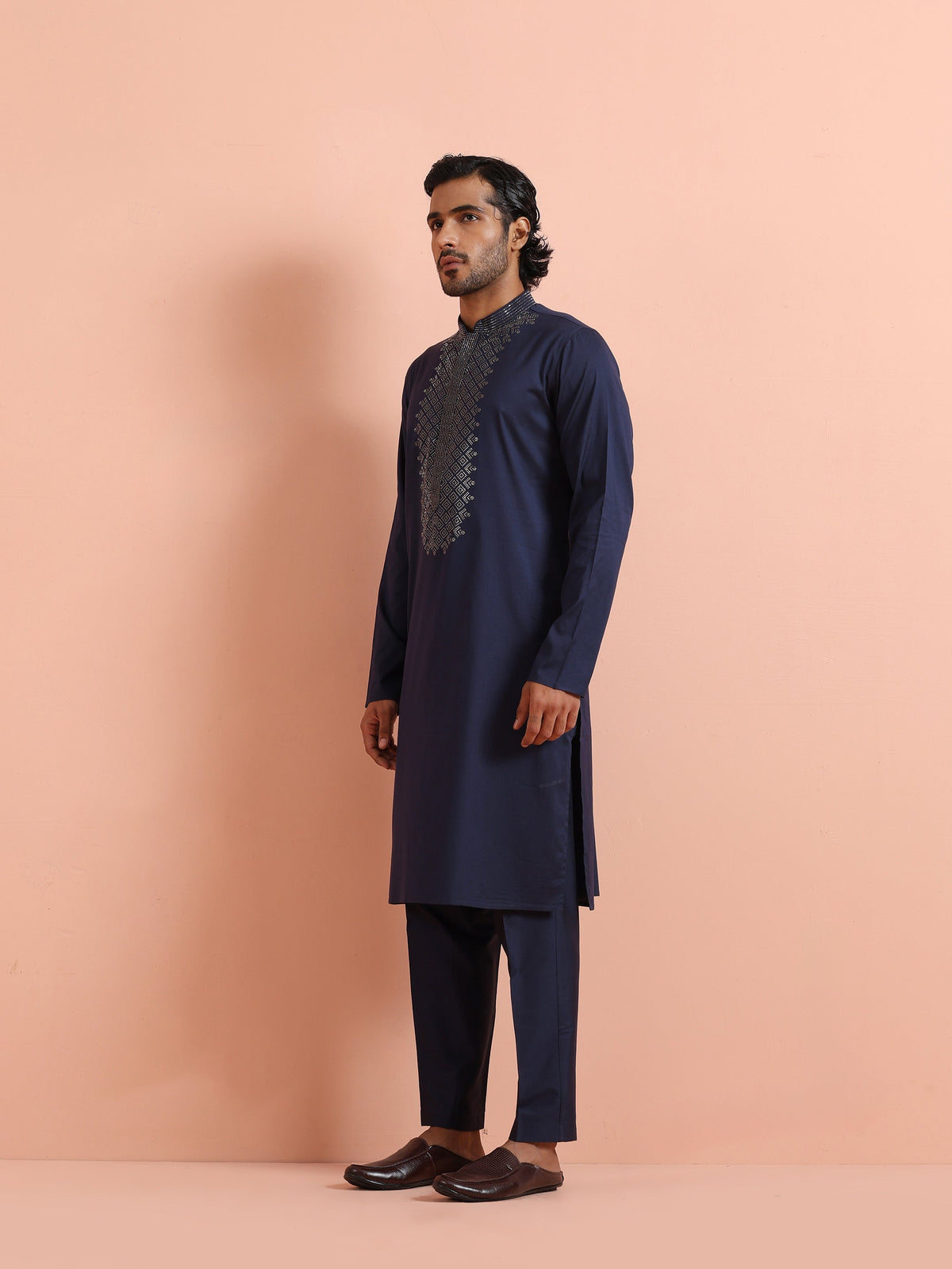 Navy Kurta with Geometric Embroidery