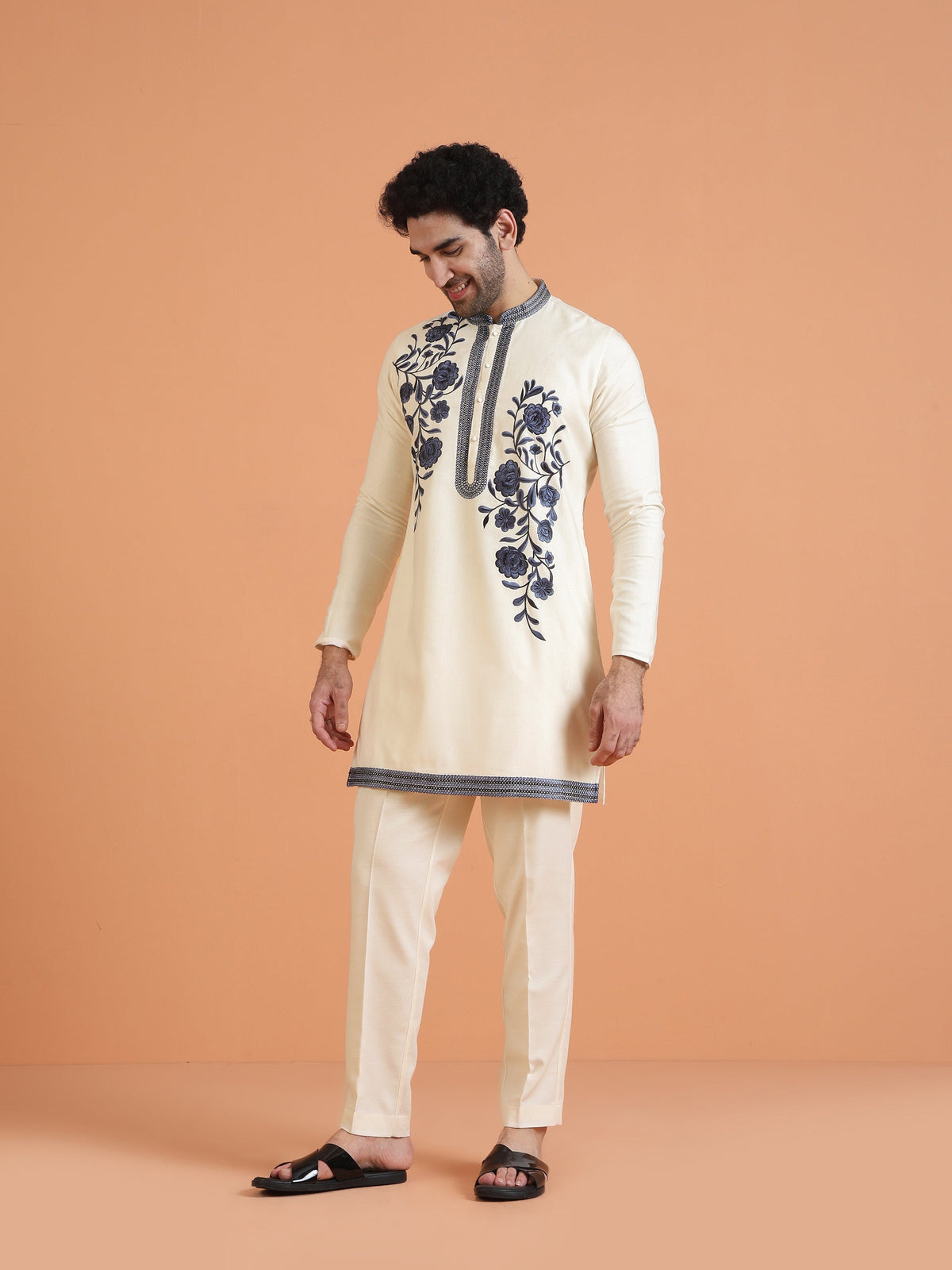 Cream Cotton Silk Embroidered Kurta