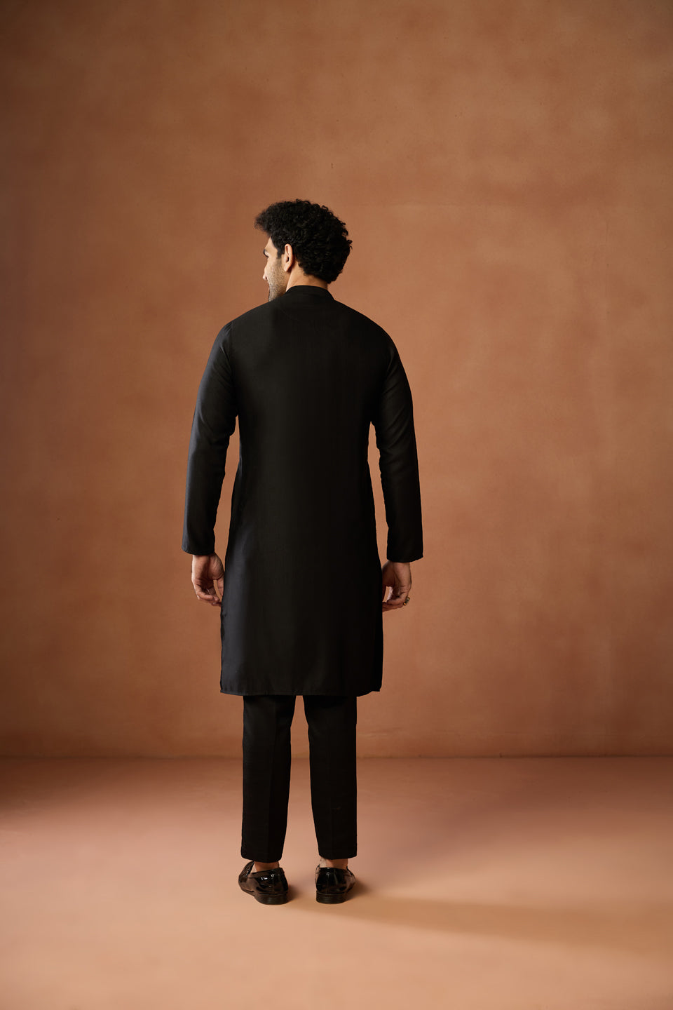 Black Silk Blend Embroidered Front Open Kurta