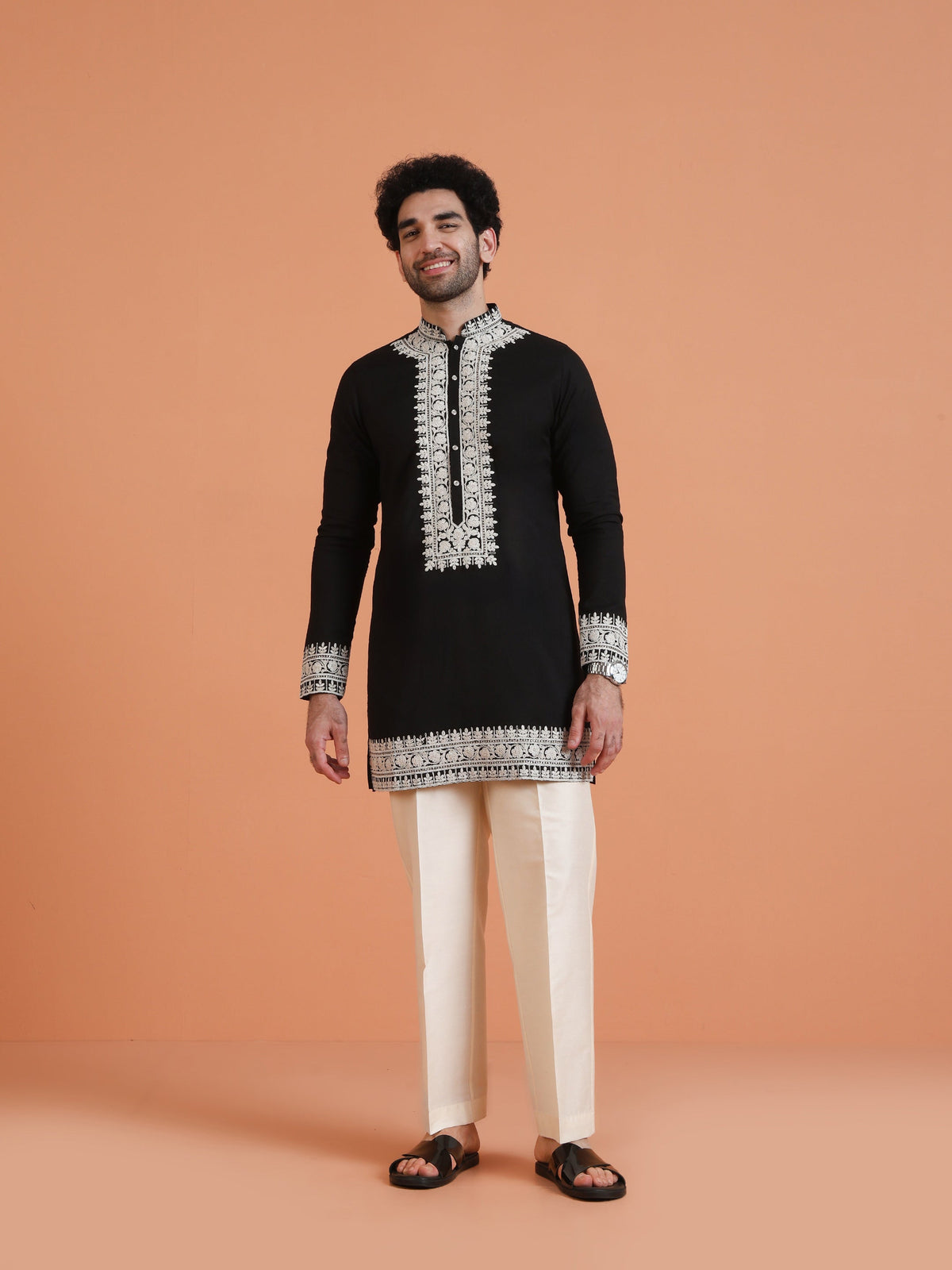 Black Cotton Silk Embroidered Mid Kurta