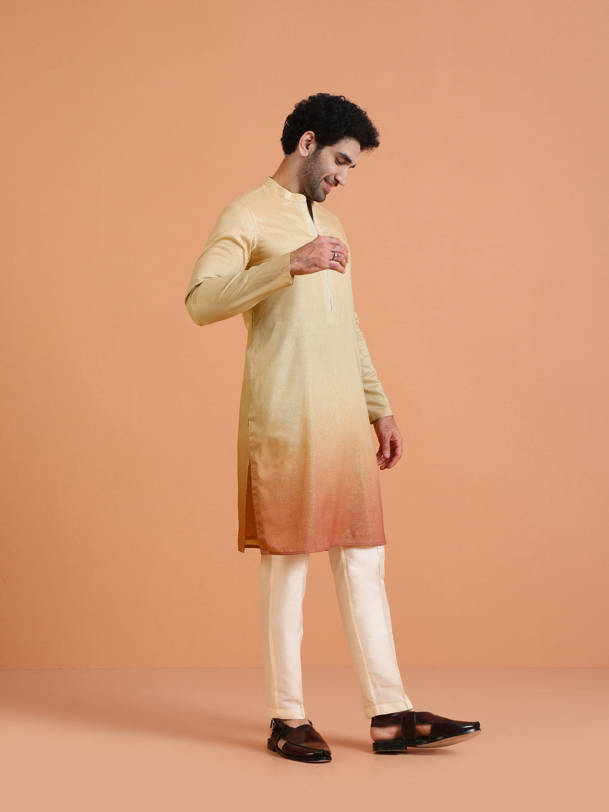 Beige Ombre Silk Kurta with Zip