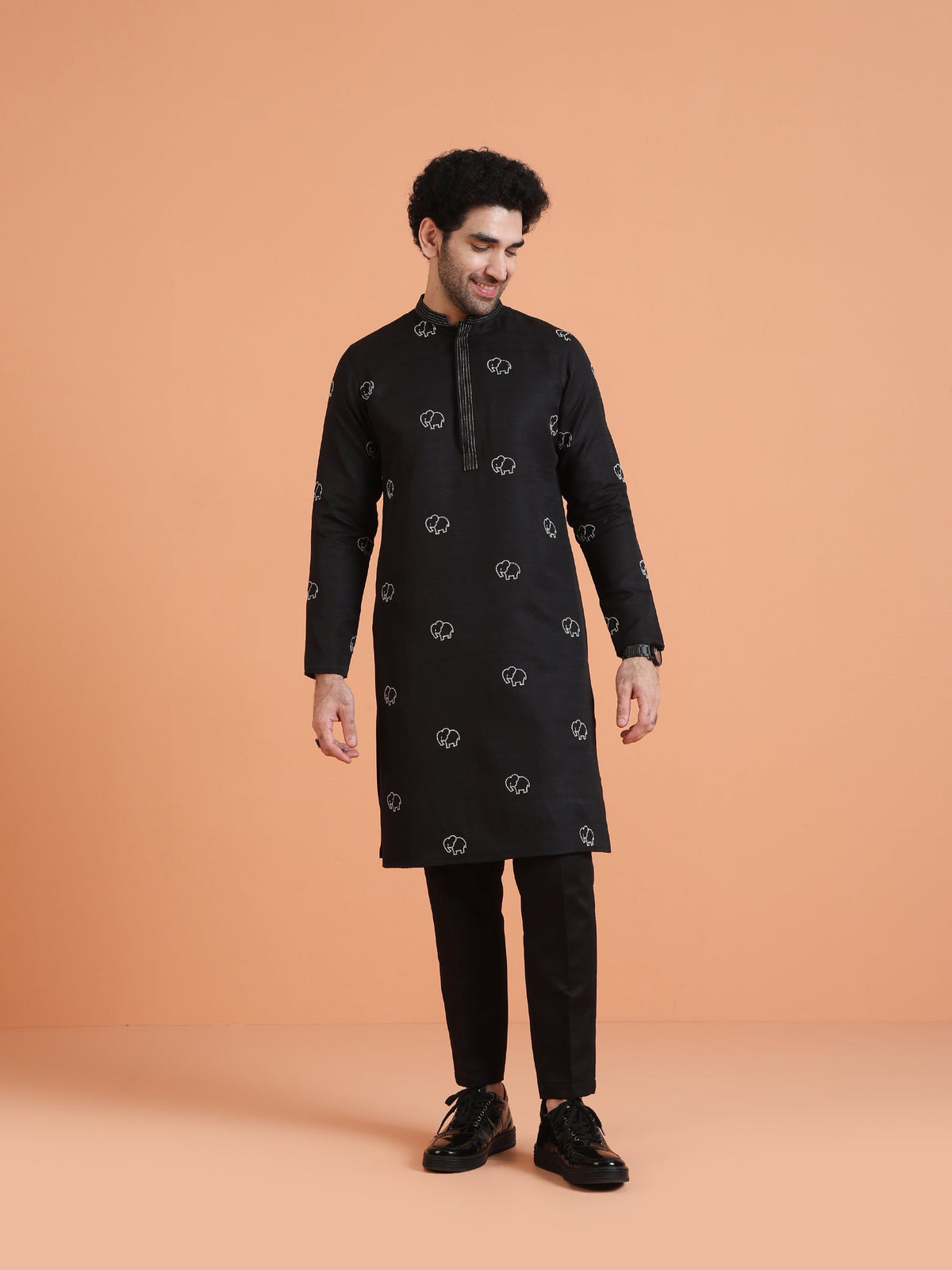 Black Cotton Silk Embroidered Kurta
