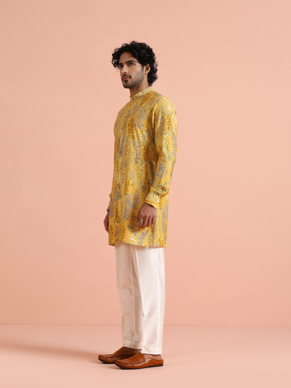 Yellow Floral Sequinned Mid Kurta