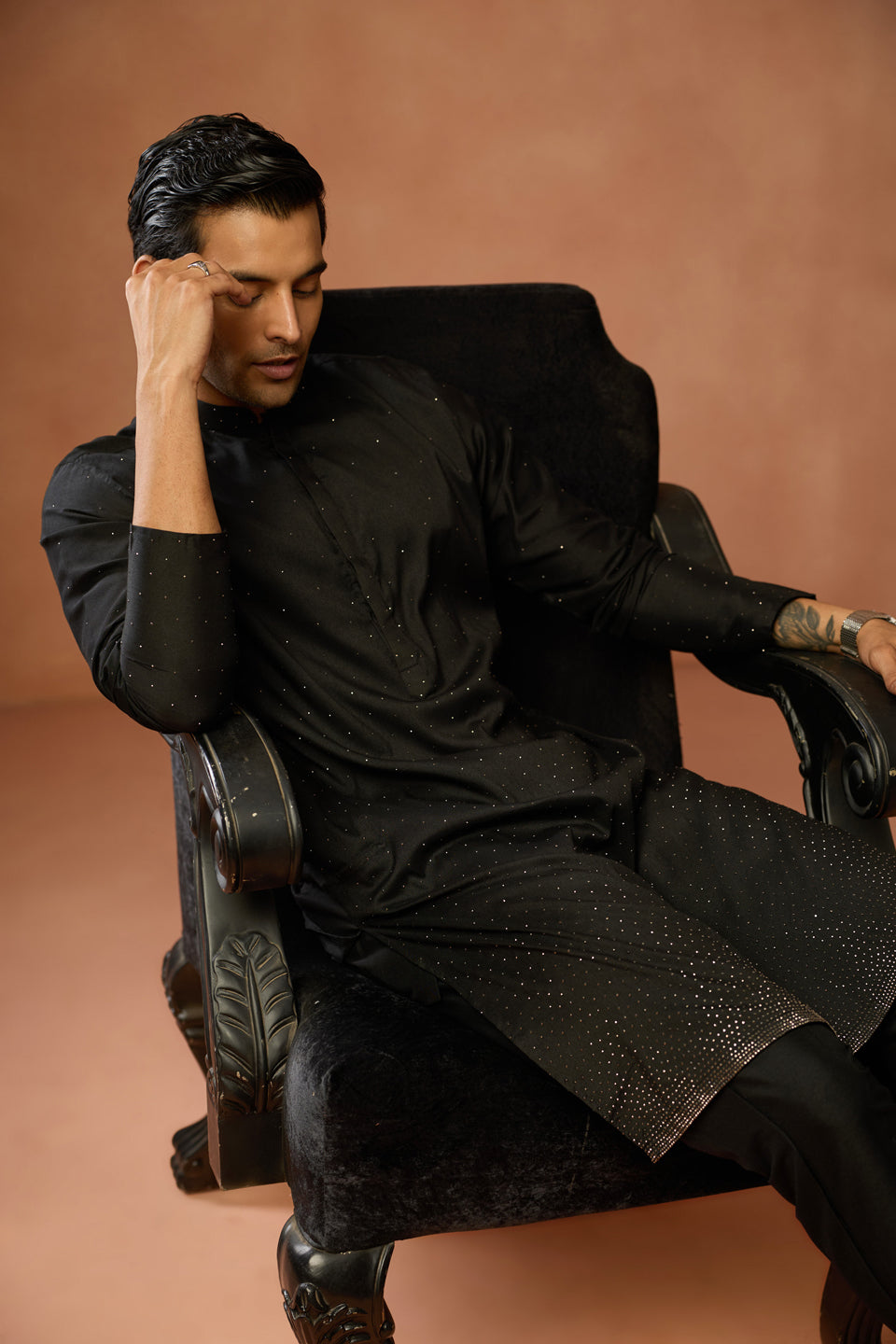 Black Silk Blend Embellished Long Kurta