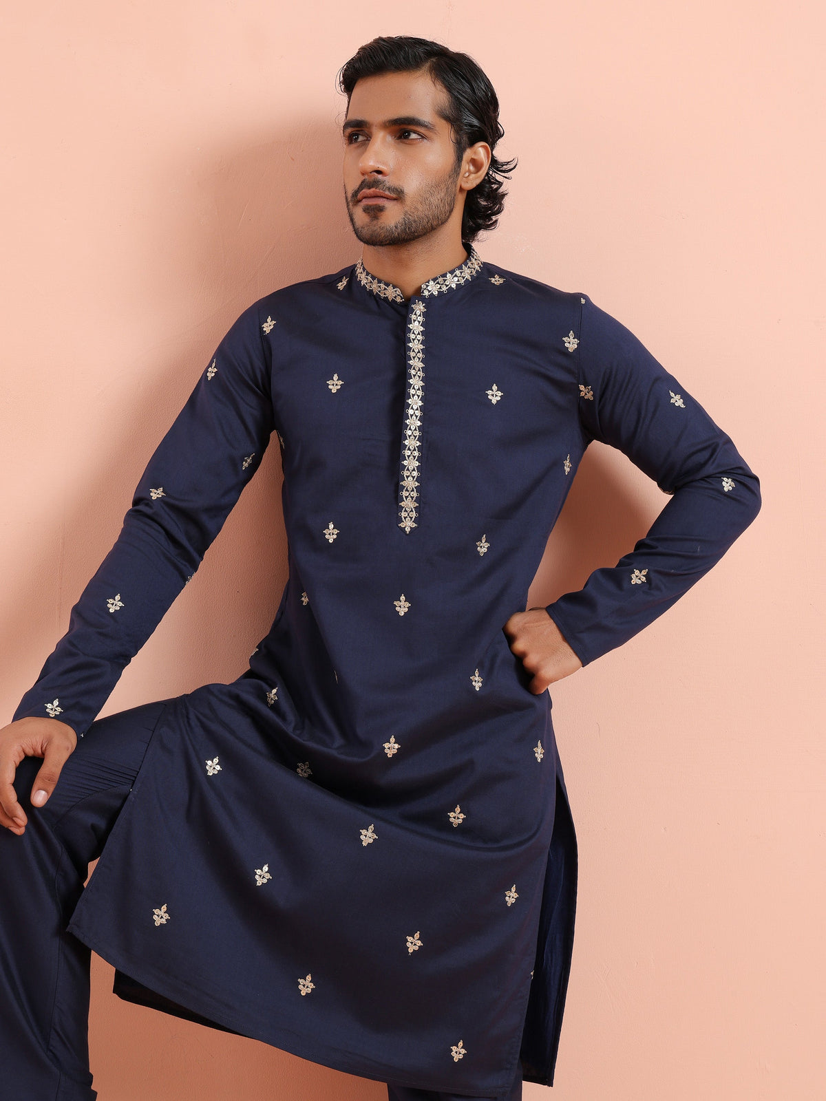 Navy Kurta with Delicate Embroidery