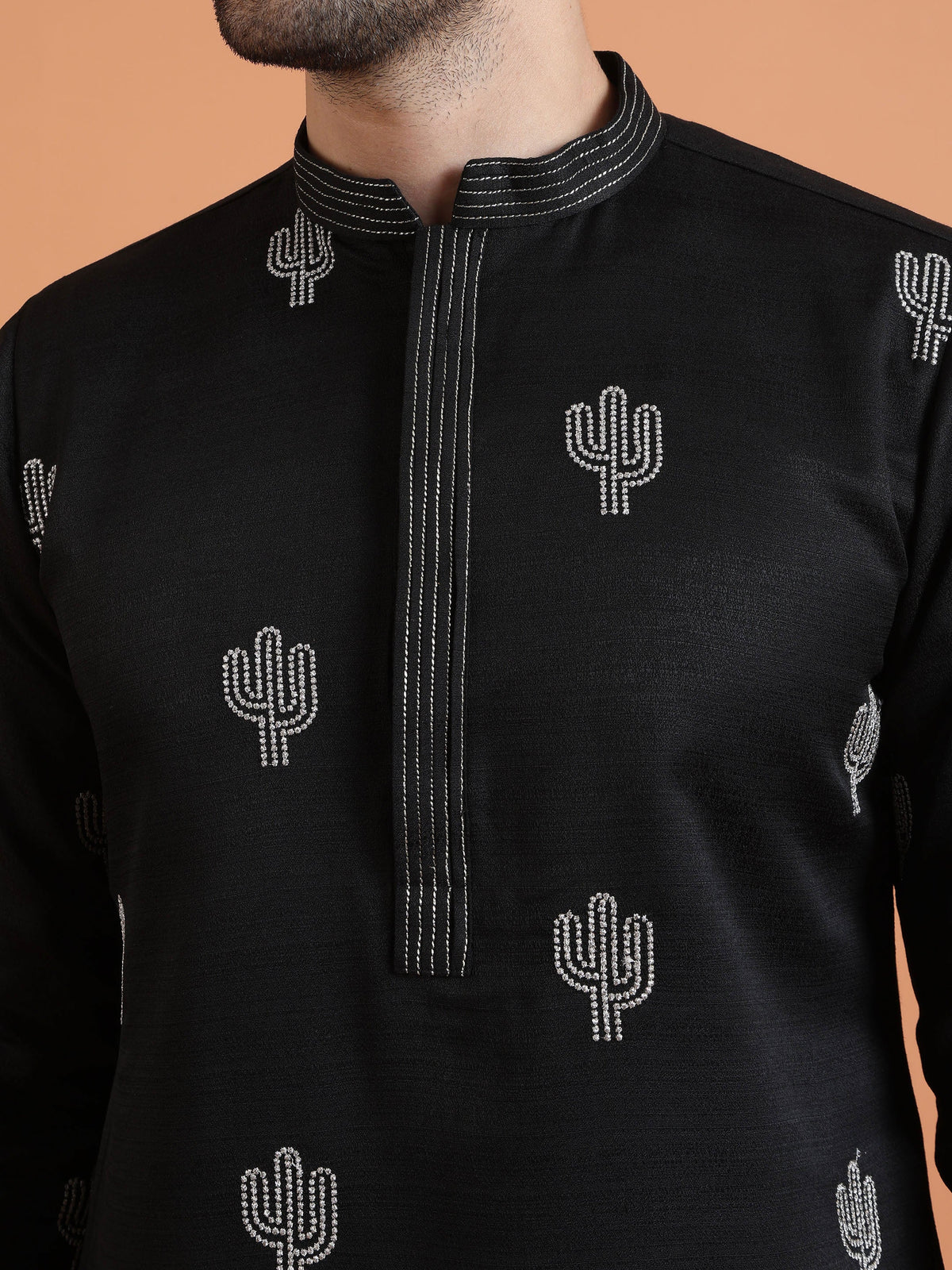 Black Cotton Silk Embroidered Kurta